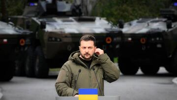 Ukrainian President Volodymyr Zelensky is seen at a press conference with Rosomak armoured vehicles in the background in Warsaw, Poland on 05 April, 2023. Ukrainian President Volodymyr Zelensky is visiting Poland on Wednesday to meet with his Polish counterpart Andrzej Duda and make a public appearance meeting with Ukrainian and Polish citizens in Warsaw. (Photo by Jaap Arriens/NurPhoto via Getty Images)