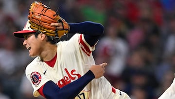 Sep 29, 2022; Anaheim, California, USA; Los Angeles Angels starting pitcher Shohei Ohtani (17) throws to the plate in the fourth inning against the Oakland Athletics at Angel Stadium. Mandatory Credit: Jayne Kamin-Oncea-USA TODAY Sports