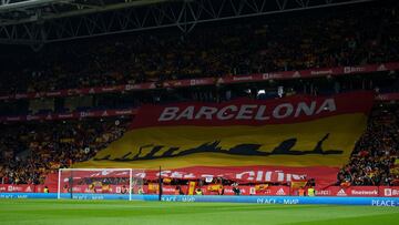 BARCELONA, SPAIN - MARCH 26: Spain fans display a Spain flag prior to the International Friendly match between Spain and Albania at RCDE Stadium on March 26, 2022 in Barcelona, Spain.  (Photo by Alex Caparros/Getty Images)