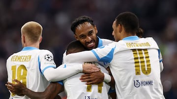 Soccer Football - UEFA Champions League - Olympique de Marseille v Ajax Amsterdam - Orange Velodrome, Marseille, France - September 30, 2025 Olympique de Marseille's Igor Paixao celebrates scoring their first goal with Pierre-Emerick Aubameyang REUTERS/Manon Cruz