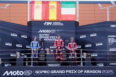 Marc Márquez, Álex Márquez y Francesco Bagnaia el podio del Gran Premio de Aragón de MotoGP.