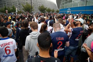 Fans gather outside the Parc des Princes stadium in Paris.