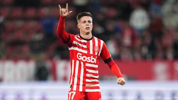 Rodrigo Riquelme of Girona FC celebrates after scoring the 3-0 during the La Liga match between Girona FC and UD Almeria played at Montilivi Stadium on February 17, 2023 in Girona, Spain. (Photo by Bagu Blanco / Pressinphoto / Icon Sport)