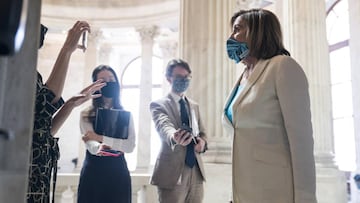 Speaker of the House Nancy Pelosi speaks to reporters in the Russell Senate Office Building in Washington, DC, 08 September 2020.