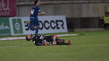 Josele, en el suelo tras el gol 0-1, Real Murcia vs Calvo Sotelo Puertollano CF, Campeonato Copa RFEF, 1/16 de final,  Estadio Enrique Roca, Murcia, 10/10/2020,