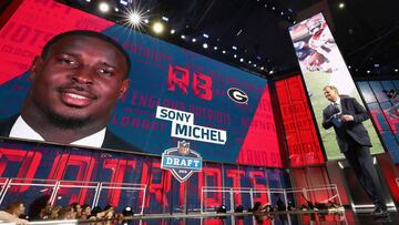 ARLINGTON, TX - APRIL 26: A video board displays an image of Sony Michel of Georgia after he was picked #31 overall by the New England Patriots during the first round of the 2018 NFL Draft at AT&T Stadium on April 26, 2018 in Arlington, Texas. Ronald Martinez/Getty Images/AFP
== FOR NEWSPAPERS, INTERNET, TELCOS & TELEVISION USE ONLY ==