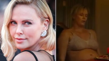 Charlize Theron posando en un acto y en la película "Tully" con 22 kilos de más
