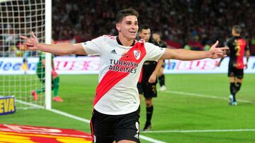 Picture released by Telam news agency showing River Plate&#039;s Julian Alvarez celebrating after scoring against Colon in their Trofeo de Campeones football match, at the Madre de Ciudades stadium in Santiago del Estero, Argentina, on December 18, 2021. 