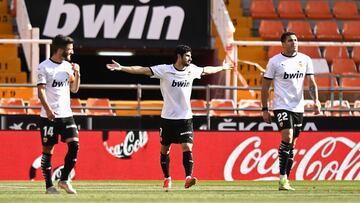 VALENCIA, SPAIN - MAY 16: Goncalo Guedes of Valencia CF celebrates after scoring their side's first goal during the La Liga Santander match between Valencia CF and SD Eibar at Estadio Mestalla on May 16, 2021 in Valencia, Spain. Valencia CF will host