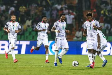 Ghana's players react after scoring their second goal during the Group C Africa Cup of Nations (CAN) 2021 football match between Ghana and Comoros at Stade Roumde Adjia in Garoua on January 18, 2022. (Photo by Daniel BELOUMOU OLOMO / AFP)