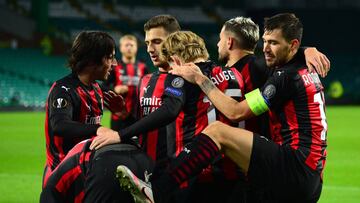 GLASGOW, SCOTLAND - OCTOBER 22: Jens Petter Hauge of AC Milan celebrates after scoring his sides third goal during the UEFA Europa League Group H stage match between Celtic and AC Milan at Celtic Park on October 22, 2020 in Glasgow, Scotland. Sporting st