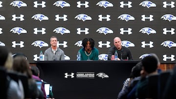 May 4, 2023; Owings Mills, MD, USA; Baltimore Ravens head coach John Harbaugh, quarterback Lamar Jackson, and general manager Eric DeCosta talk during a press conference at Under Armour Performance Center. Mandatory Credit: Brent Skeen-USA TODAY Sports