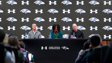 May 4, 2023; Owings Mills, MD, USA; Baltimore Ravens head coach John Harbaugh, quarterback Lamar Jackson, and general manager Eric DeCosta talk during a press conference at Under Armour Performance Center. Mandatory Credit: Brent Skeen-USA TODAY Sports