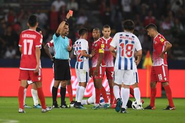 ABU DHABI, UNITED ARAB EMIRATES - DECEMBER 09: Brahim Nekkach of Wydad Casablanca is shown a red card by referee Ravshan Irmatov during the  FIFA Club World Cup match between CF Pachuca and Wydad Casablanca at Zayed Sports City Stadium on December 9, 2017 in Abu Dhabi, United Arab Emirates.  (Photo by David Ramos - FIFA/FIFA via Getty Images)