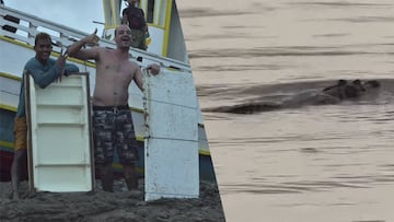 Surfistas locales del Amazonas posan con puertas de frigor&iacute;fico para surfear la Pororoca, una ola de marea en la que tambi&eacute;n hay cocodrilos.