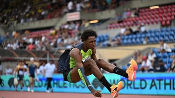 Cuba's Jordan Alejandro Diaz Fortun competes in the men's triple jump event during the Diamond League athletics meeting at Stade Olympique de la Pontaise in Lausanne on August 26, 2022. (Photo by Fabrice COFFRINI / AFP)