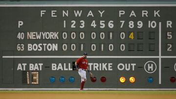 BOSTON, MA - SEPTEMBER 25: Kyle Schwarber #18 of the Boston Red Sox stands in position after Giancarlo Stanton #27 of the New York Yankees connected for a grand slam home run in the eigth inning at Fenway Park on September 25, 2021 in Boston, Massachusett