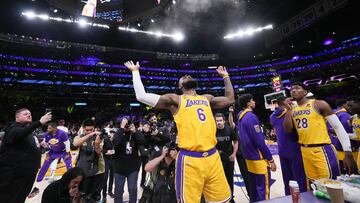May 22, 2023; Los Angeles, California, USA; Los Angeles Lakers forward LeBron James (6) throws chalk in the air before the game against the Denver Nuggets in game four of the Western Conference Finals for the 2023 NBA playoffs at Crypto.com Arena. Mandatory Credit: Kirby Lee-USA TODAY Sports