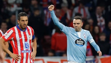 Iago Aspas, capitán del Celta celebra el gol anotado de penalti contra el Atlético de Madrid en el estadio Metropolitano.