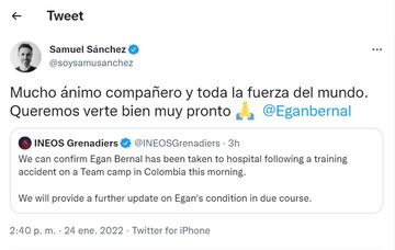 El mensaje de Samuel Sánchez a Egan Bernal