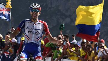 France&#039;s Thibaut Pinot celebrates as he wins on the finish line of the fourteenth stage of the 106th edition of the Tour de France cycling race between Tarbes and Tourmalet Bareges, in Tourmalet Bareges on July 20, 2019. (Photo by Anne-Christine POUJ