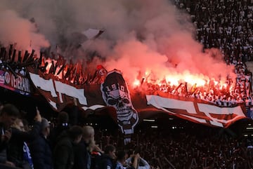 Hamburg (Germany), 30/09/2018.- St. Paulis's supporters light flares before the German Second Bundesliga soccer match between HSV Hamburg and FC St. Pauli in Hamburg, Germany, 30 September 2018. 