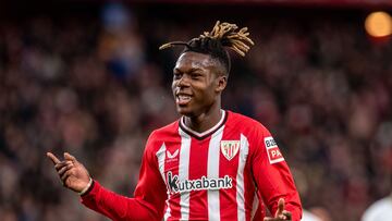 BILBAO, 02/12/2023.- El delantero del Athletic Club de Bilbao Nico Williams celebra marcar el cuarto gol del equipo bilbaíno, durante el partido de Liga en Primera División ante el Rayo Vallecano que disputan este sábado en el estadio de San Mamés, en Bilbao. EFE/Javier Zorrilla