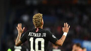 Paris Saint-Germain's Brazilian forward Neymar celebrates after scoring a goal during their UEFA Champions' League football match Paris Saint Germain (PSG) against Red Star Belgrade at the Parc des Princes stadium in Paris on October 3, 2018. (P