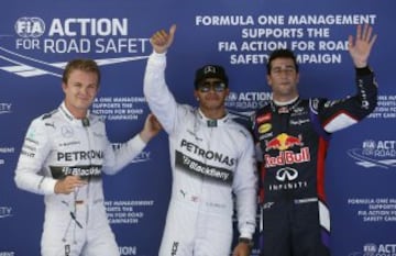 Pole para la carrera; Nico Rosberg, Lewis Hamilton y Daniel Ricciardo.