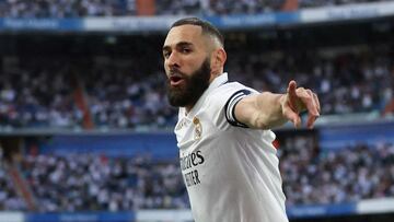 FILE PHOTO: Soccer Football - LaLiga - Real Madrid v Almeria - Santiago Bernabeu, Madrid, Spain - April 29, 2023 Real Madrid's Karim Benzema celebrates scoring their first goal REUTERS/Isabel Infantes/File Photo