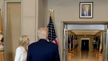 Trump cracks a joke about his own portrait before DOJ speech