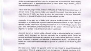 Carta de Diego Maradona al presidente Juan Manuel Santos