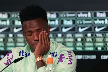 Vinicius Junior cries as he gives a press conference on the eve of the match between Spain and Brazil.