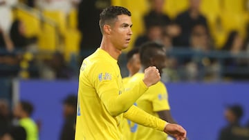 Nassr's Portuguese forward #07 Cristiano Ronaldo celebrates after scoring during the Saudi Pro League football match between Al-Nassr and Al-Tai in Riyadh's Al-Awal Park Stadium on March 30, 2024. (Photo by Fayez NURELDINE / AFP)