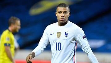 France's forward Kylian Mbappe looks on during the UEFA Nations League football match between Sweden and France on September 5, 2020 at the Friends Arena in Solna, near Stockholm. (Photo by Jessica GOW / TT News Agency / AFP) / Sweden OUT
