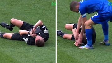 Vardy ve al árbitro lesionado en el suelo y lo que hace es lo más viral del día