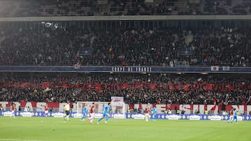 Nice's supporters hold a banner reading "Marseillais vos meres sont plus sales que vos rues" ("Marseillais, your mothers are dirtier than your streets") during the French Cup quarter-final football match between OGC Nice and Olympique de Marseille at the "Allianz Riviera" stadium in Nice, southern France on February 9, 2022. (Photo by Valery HACHE / AFP)