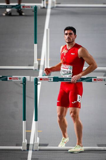 ISTANBUL, TURKEY - MARCH 05: Jorge Urena of Spain competes in 60m Hurdles Men race during the European Athletics Indoor Championships - Day 3 on March 5, 2023 in Istanbul, Turkey. (Photo by Nikola Krstic/MB Media/Getty Images)