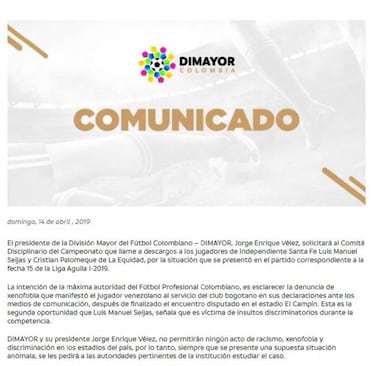 Dimayor pide investigar caso de xenofobia contra Luis Seijas