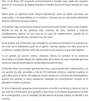 Nicolás Jarry recibe respaldo total tras presunto dopaje