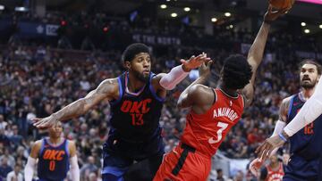 Mar 18, 2018; Toronto, Ontario, CAN; Oklahoma City Thunder forward Paul George (13) defends against Toronto Raptors forward OG Anunoby (3) at the Air Canada Centre. Oklahoma City defeated Toronto. Mandatory Credit: John E. Sokolowski-USA TODAY Sports