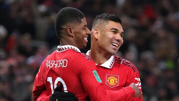 Soccer Football - Carabao Cup - Round of 16 - Manchester United v Burnley - Old Trafford, Manchester, Britain - December 21, 2022 Manchester United's Marcus Rashford celebrates scoring their second goal with Casemiro Action Images via Reuters/Phil Noble EDITORIAL USE ONLY. No use with unauthorized audio, video, data, fixture lists, club/league logos or 'live' services. Online in-match use limited to 75 images, no video emulation. No use in betting, games or single club /league/player publications.  Please contact your account representative for further details.