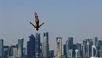 High Diving - World Aquatics Championships - Old Doha Port, Doha, Qatar - February 15, 2024 Spain's Carlos Gimeno in action during the men's 27m round 3 REUTERS/Evgenia Novozhenina