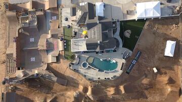 La casa del rider de BMX Pat Casey, con el skatepark y los trails de Dirt, as&iacute; como la piscina, vistos desde el aire. 