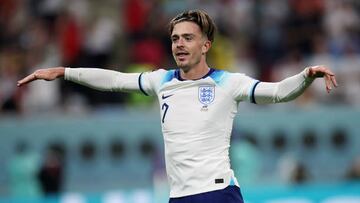 DOHA, QATAR - NOVEMBER 21: Jack Grealish of England celebrates after scoring their team's sixth goal during the FIFA World Cup Qatar 2022 Group B match between England and IR Iran at Khalifa International Stadium on November 21, 2022 in Doha, Qatar. (Photo by Eddie Keogh - The FA/The FA via Getty Images)