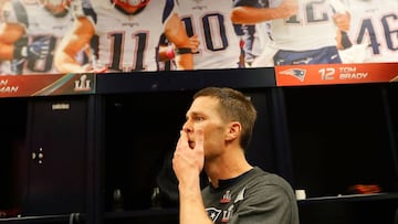 HOUSTON, TX - FEBRUARY 05: Tom Brady #12 of the New England Patriots reacts in the locker room after defeating the Atlanta Falcons during Super Bowl 51 at NRG Stadium on February 5, 2017 in Houston, Texas.   Kevin C. Cox/Getty Images/AFP
 == FOR NEWSPAPERS, INTERNET, TELCOS &amp; TELEVISION USE ONLY ==