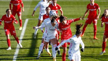 Kosovare Asllani of Real Madrid and Teresa Merida of Sevilla in action during the spanish women league, Liga Iberdrola, football match played between Real Madrid Femenino and Sevilla FC Femenino at Ciudad Deportiva Real Madrid on december 05, 2020, in Val