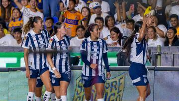 Rebeca Bernal (R) of Rayadas celebrates after scoring against Tigres Femenil during the final of the Campeon de Campeonas 2024 football tournament at the Universitario stadium in Monterrey, Mexico, on July 1, 2024. (Photo by Julio Cesar AGUILAR / AFP)