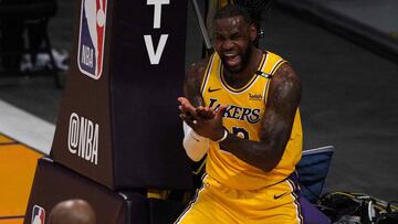 Jun 3, 2021; Los Angeles, California, USA; Los Angeles Lakers forward LeBron James (23) reacts in the second quarter against the Phoenix Sunsduring game six in the first round of the 2021 NBA Playoffs at Staples Center. Mandatory Credit: Kirby Lee-USA TODAY Sports