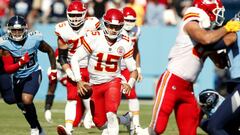 NASHVILLE, TENNESSEE - OCTOBER 24: Patrick Mahomes #15 of the Kansas City Chiefs runs with the ball in the first quarter against the Tennessee Titans in the game at Nissan Stadium on October 24, 2021 in Nashville, Tennessee.   Wesley Hitt/Getty Images/AFP